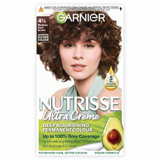 Garnier Nutrisse Ultra Color 4 1/2 Medium Dark Brown hair dye box showing natural brunette shade result