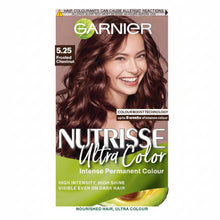 Garnier Nutrisse Ultra Color 5.25 Frosted Chestnut hair dye box showing cool chestnut brown shade result