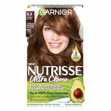 Garnier Nutrisse Ultra Color 5.3 Golden Brown hair dye box showing warm golden brown shade result