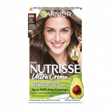 Garnier Nutrisse Ultra Color 6N Nude Light Blonde hair dye box showing neutral beige blonde shade result