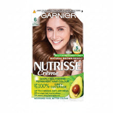 Garnier Nutrisse Ultra Color 6 Light Brown hair dye box showing natural light brown shade result