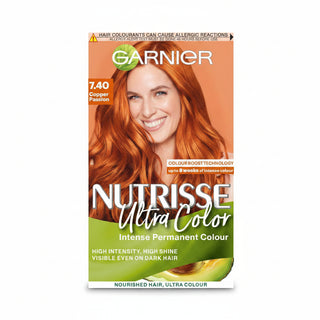 Garnier Nutrisse Ultra Color 7.40 Copper Passion hair dye box showing vibrant copper orange shade result