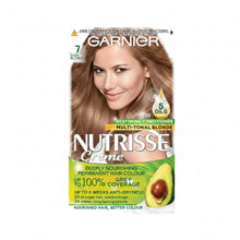 Garnier Nutrisse Ultra Color 7 Dark Blonde hair dye box showing natural dark blonde shade result