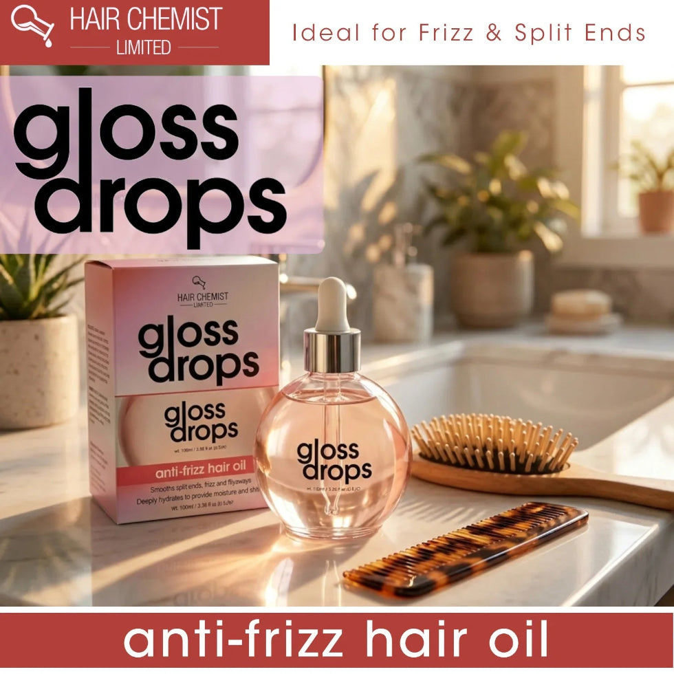 Close-up of Hair Chemist Gloss Drops being dispensed from the bottle's applicator top.