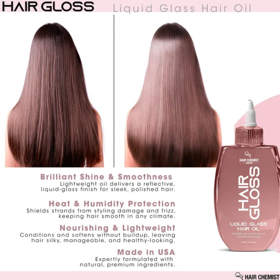 Hair styled smooth and glossy after applying Hair Chemist Hair Gloss Liquid Glass Hair Oil.