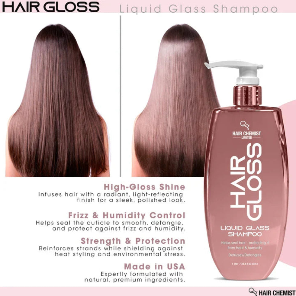 Hair styled smooth and glossy after washing with Hair Chemist Hair Gloss Liquid Glass Shampoo.