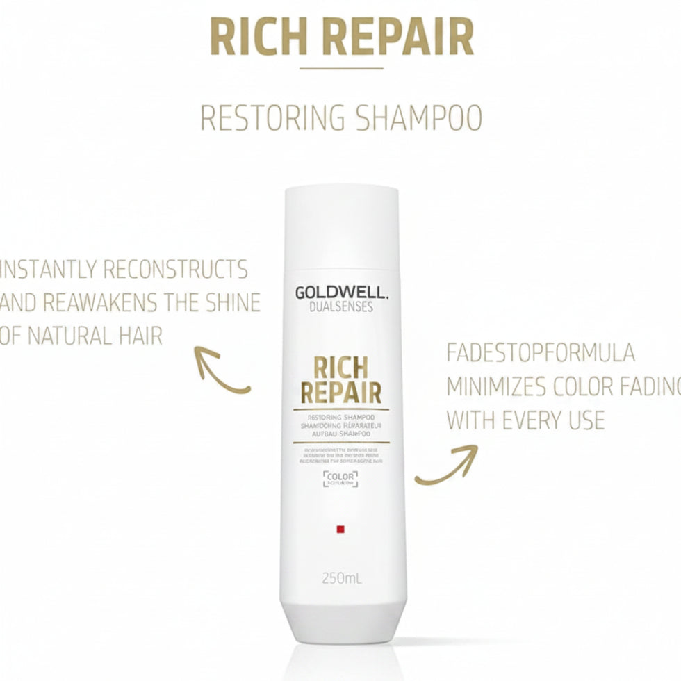 goldwell dualsenses rich repair restoring shampoo 250ml for damaged hair with gentle cleansing repair softness and shine enhancing care