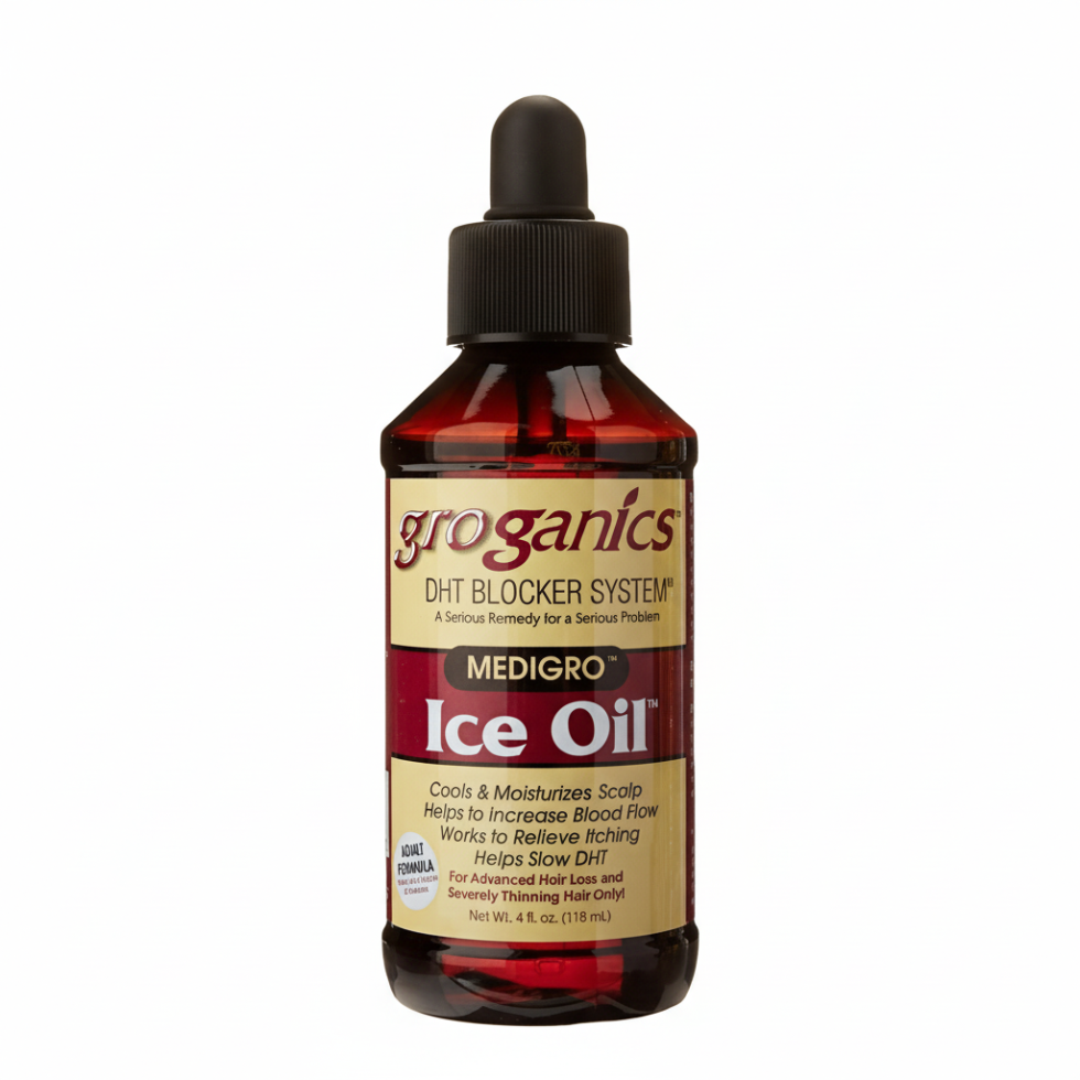 Groganics medigro ice oil cooling scalp and hair growth oil for soothing hydration nourishment and stronger healthier hair from roots