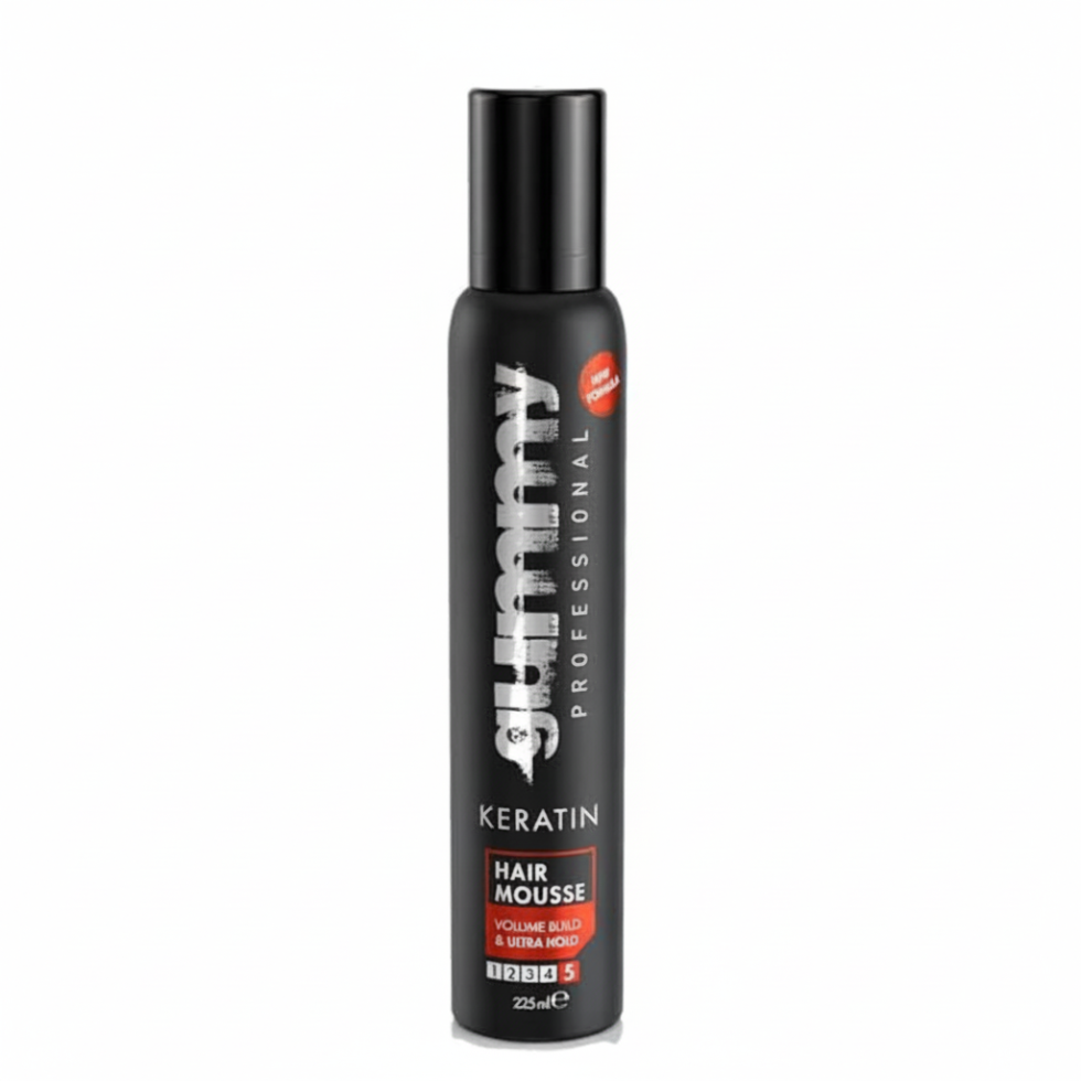 Gummy Professional keratin hair mousse 225ml volume build ultra hold styling foam for bouncy voluminous hair and frizz control