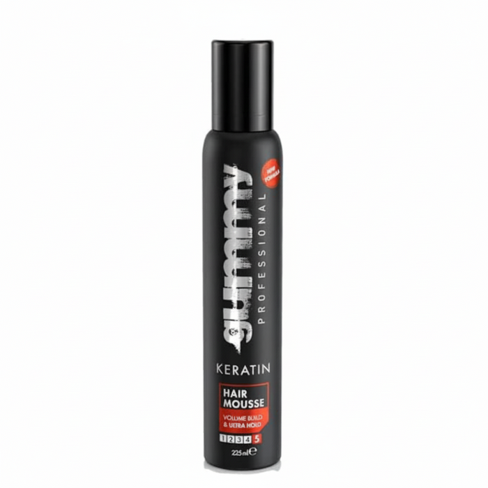 Gummy Professional keratin hair mousse 225ml volume build ultra hold styling foam for bouncy voluminous hair and frizz control