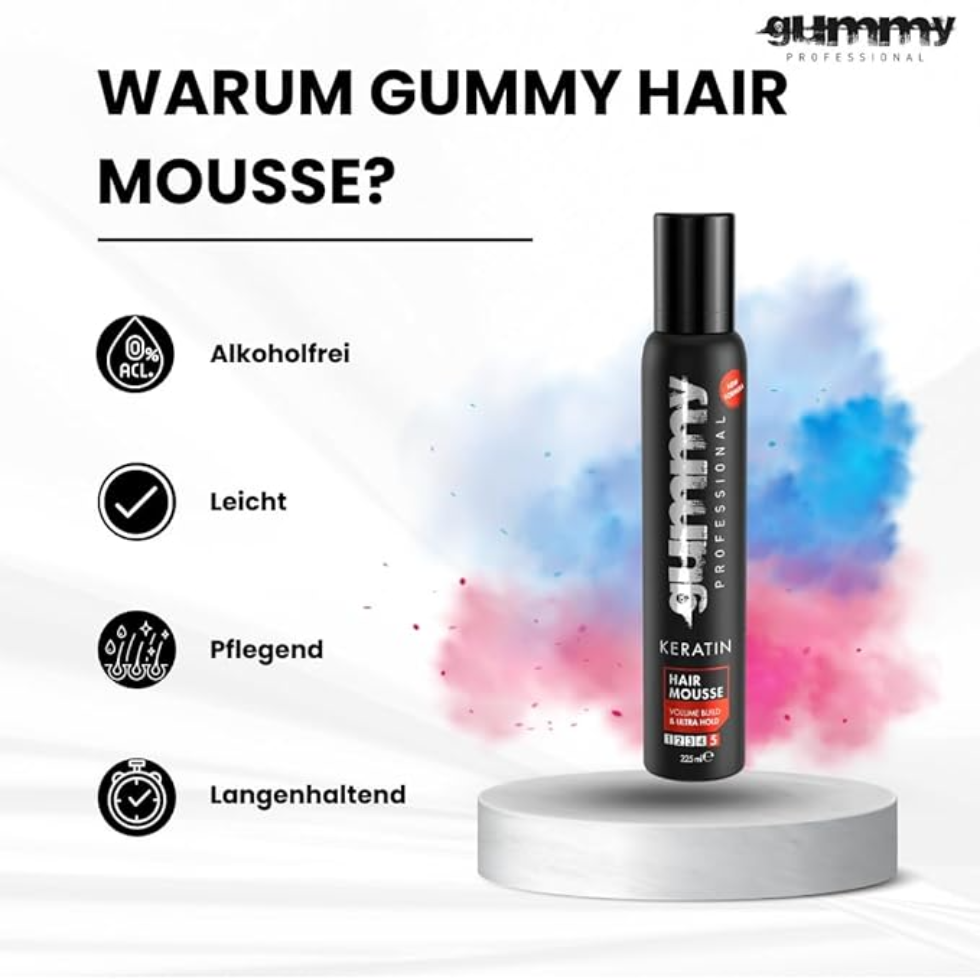 Gummy Professional keratin hair mousse 225ml volume build ultra hold styling foam for bouncy voluminous hair and frizz control