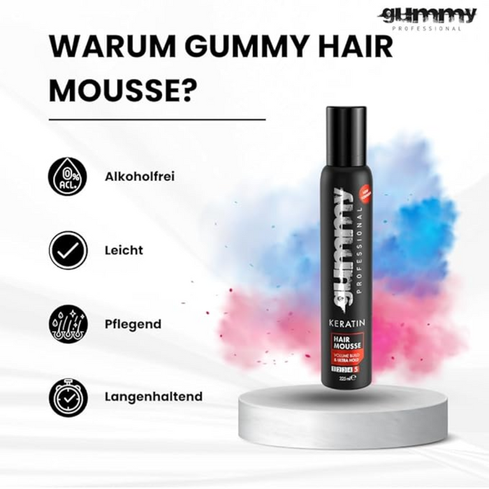 Gummy Professional keratin hair mousse 225ml volume build ultra hold styling foam for bouncy voluminous hair and frizz control