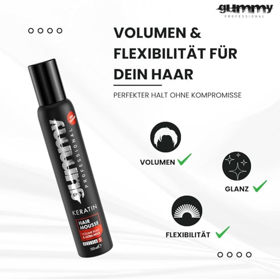 Gummy Professional keratin hair mousse 225ml volume build ultra hold styling foam for bouncy voluminous hair and frizz control