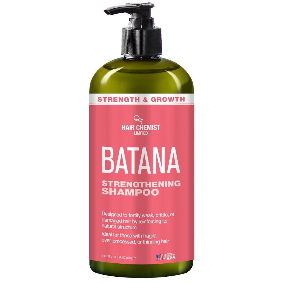 Front-facing view of the Hair Chemist Batana Strengthening Shampoo 1 litre bottle, showing the full product label.