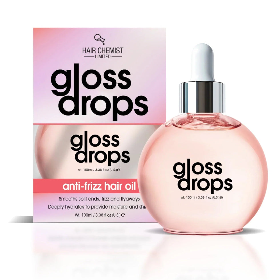Front-facing view of the Hair Chemist Gloss Drops Anti-Frizz Hair Oil 100ml/3.38oz bottle, showing the full product label.