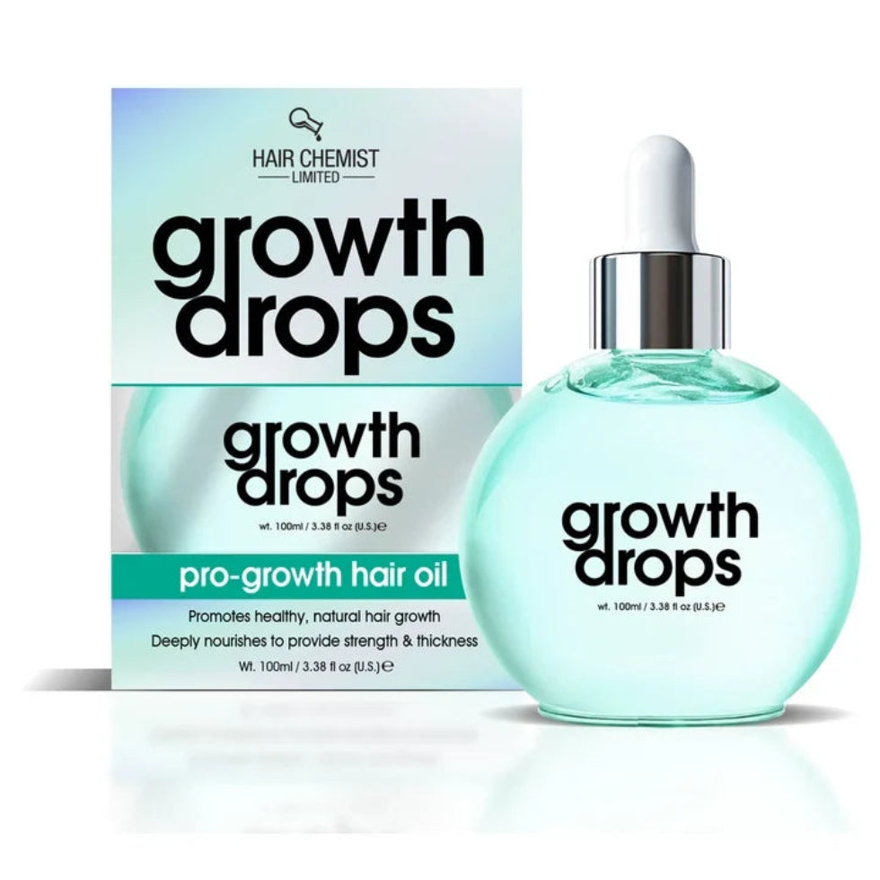 A turquoise dropper bottle stands beside its matching carton on a white background. The front packaging displays the Growth Drops name and 100ml/3.38 fl oz size.