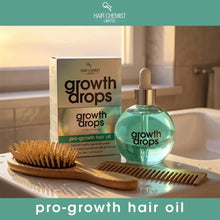 The turquoise dropper bottle and matching carton stand on a bathroom surface with a wooden brush and comb in front. Teal borders display Hair Chemist branding and the product type.