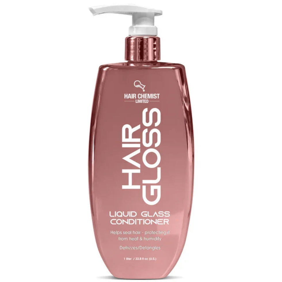 The front of the rose-pink conditioner bottle shows a white pump, Hair Gloss branding and the 1 litre/33.8 fl oz size.