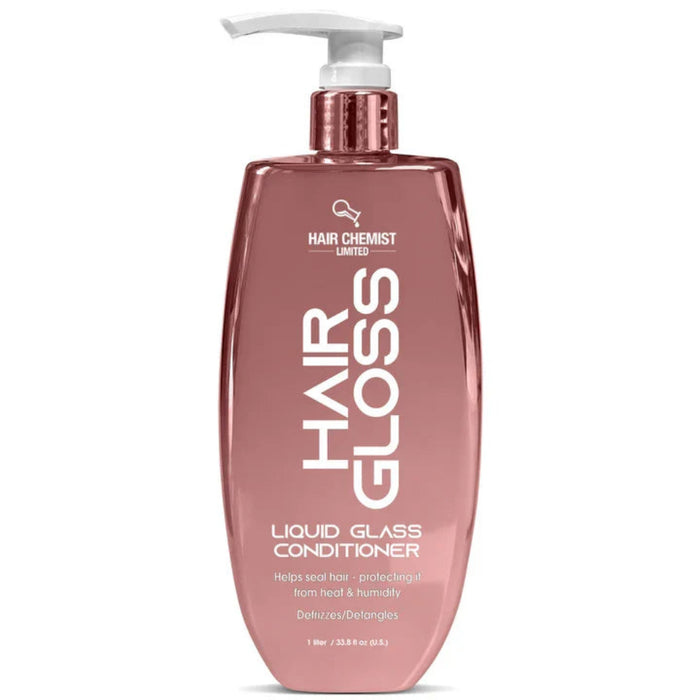 The front of the rose-pink conditioner bottle shows a white pump, Hair Gloss branding and the 1 litre/33.8 fl oz size.