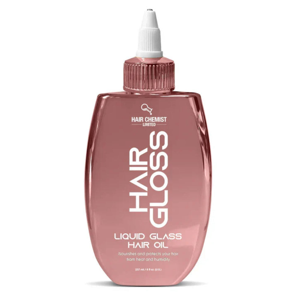 Front-facing view of the Hair Chemist Hair Gloss Liquid Glass Hair Oil 237ml/8oz bottle, showing the full product label.