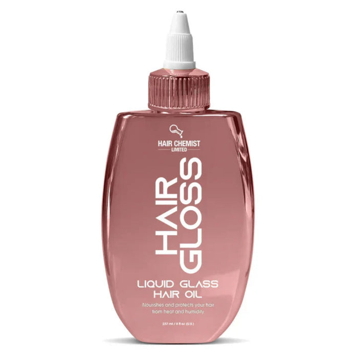 Front-facing view of the Hair Chemist Hair Gloss Liquid Glass Hair Oil 237ml/8oz bottle, showing the full product label.