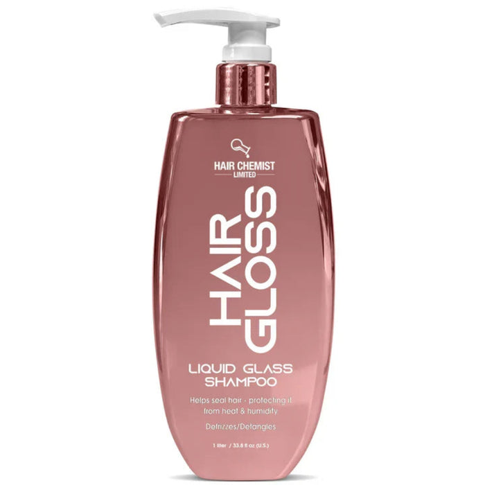 Front-facing view of the Hair Chemist Hair Gloss Liquid Glass Shampoo 1 litre/33.8oz bottle, showing the full product label.