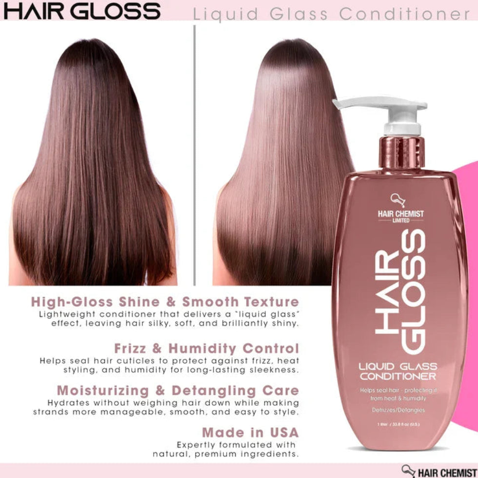 Two rear views of long brown hair appear beside the conditioner bottle. The accompanying panel highlights shine, smoothing, detangling and a Made in USA statement.