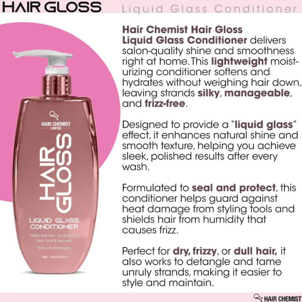 A pink-and-white graphic pairs the conditioner bottle with text describing its lightweight conditioning formula and suitability for dry, frizzy or dull hair.