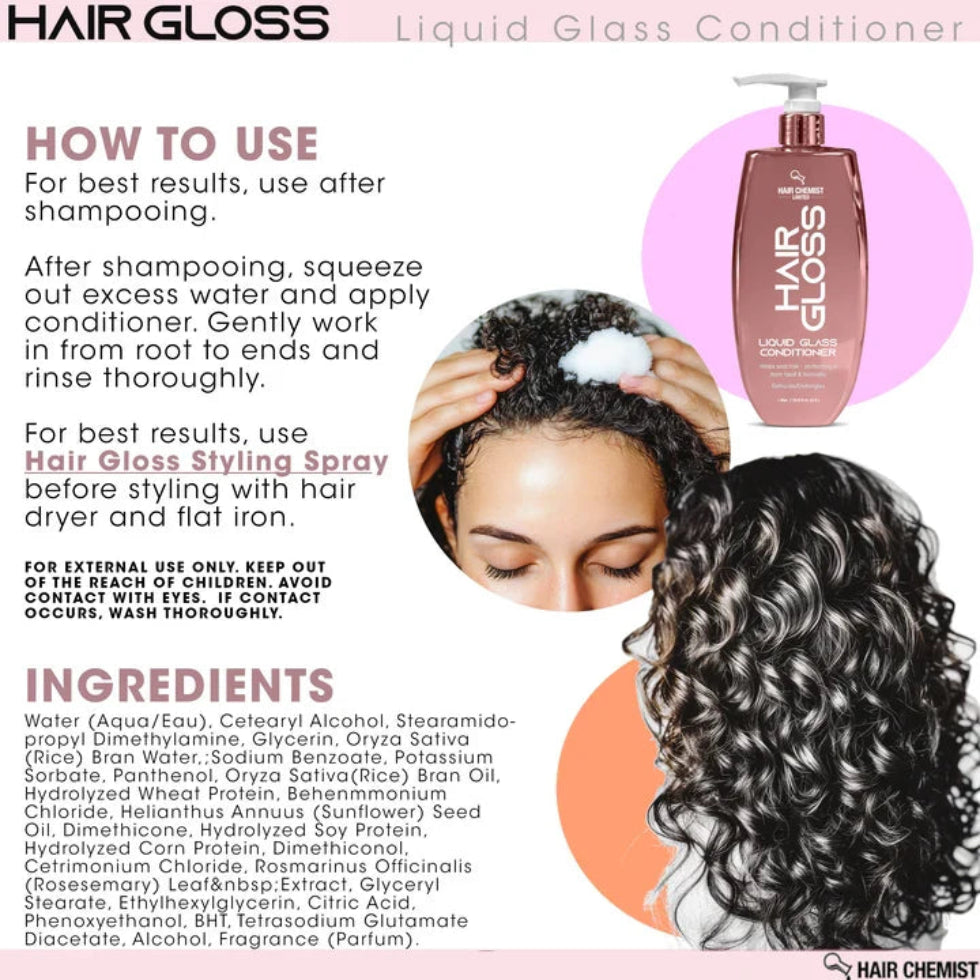 This information card displays application directions, precautions and an ingredient list. The bottle appears alongside photographs of hair washing and glossy dark curls.