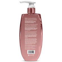The back of the rose-pink pump bottle displays multilingual directions, precautions, ingredients and a barcode against a white background.