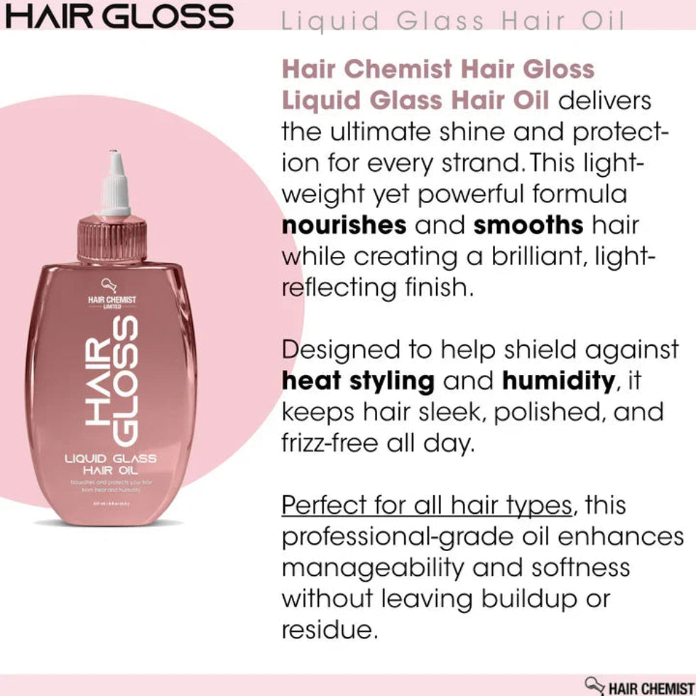 A pink-and-white graphic pairs the Oil bottle with text describing its lightweight oiling formula and suitability for dry, frizzy or dull hair.