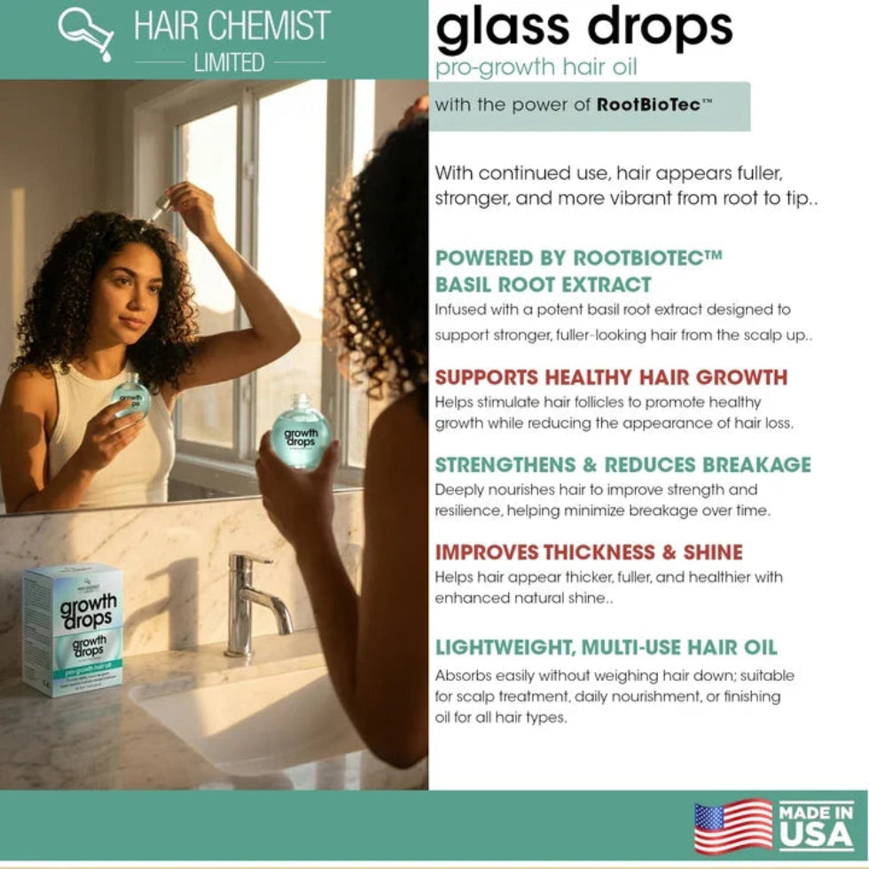 A split graphic pairs a woman applying oil to her scalp with product information about RootBioTec basil root extract, breakage and shine. A Made in USA badge appears at the bottom.