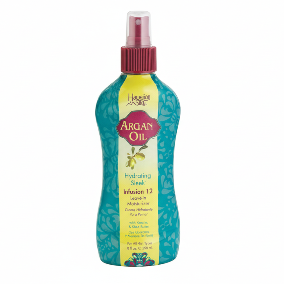 Hawaiian silky argan oil infusion leave in moisturizer 8oz for hydrated smooth frizz free shiny healthy hair
