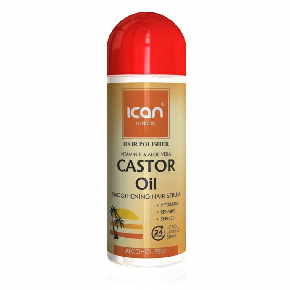 ican london castor oil serum vitamin e aloe vera smooths frizz adds shine soft healthy hair
