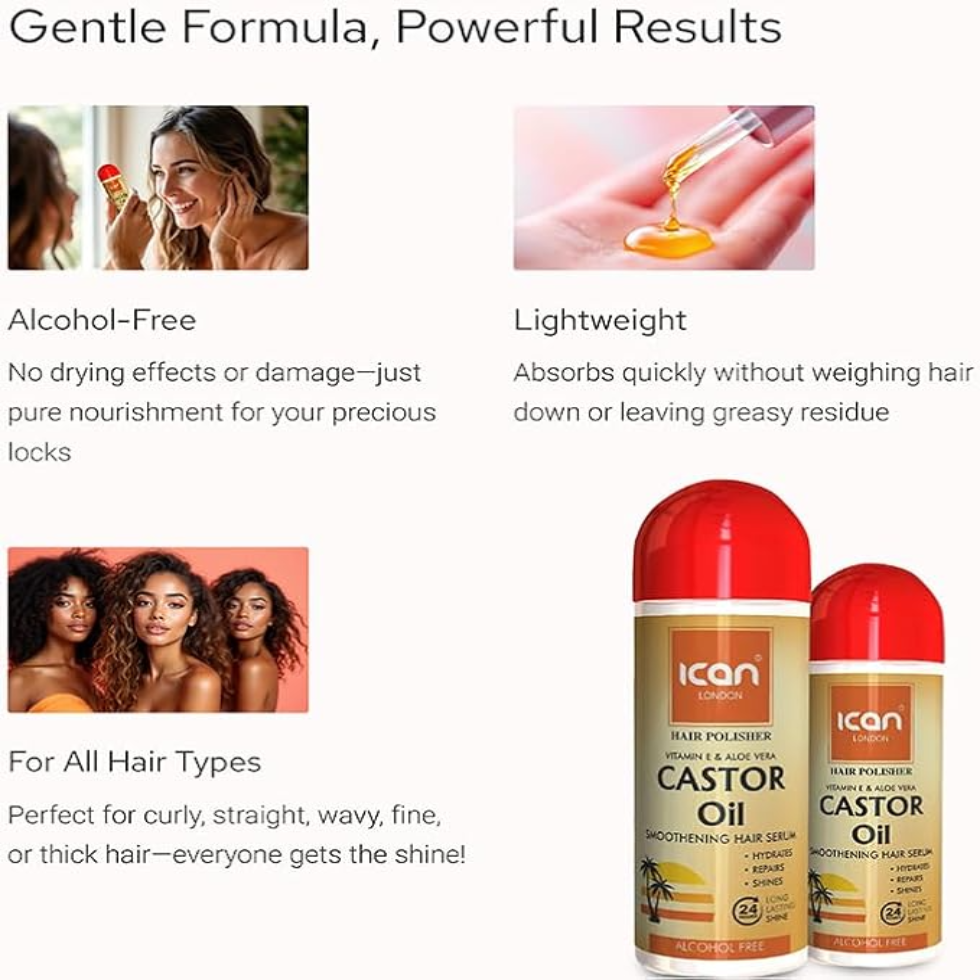 ican london castor oil serum vitamin e aloe vera smooths frizz adds shine soft healthy hair