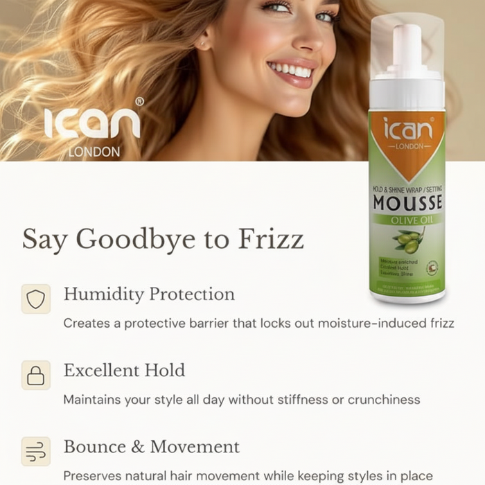 ican london olive oil wrap set mousse defines curls adds shine long lasting hold frizz control