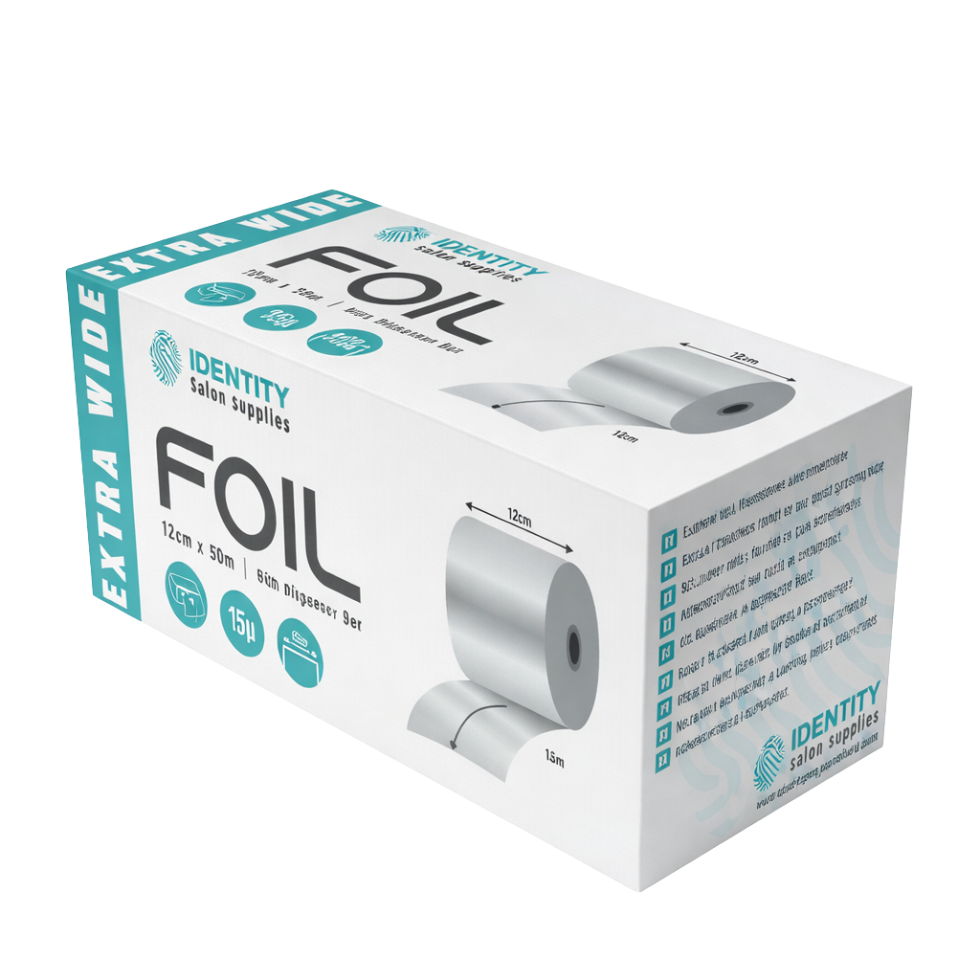 Identity salon supplies super wide highlighting and colouring foil 12cm x 50m aluminium roll dispenser box