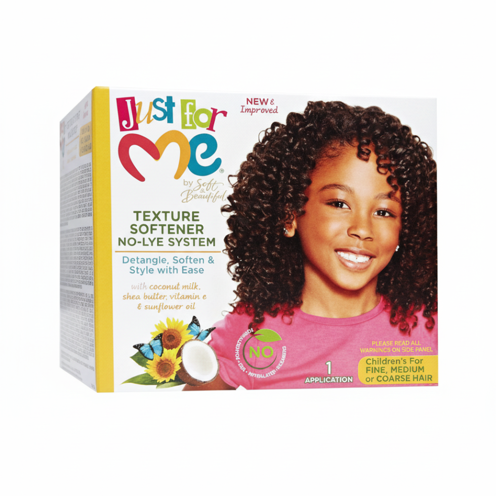 Just For Me texture softener no lye system 1 application for gentle curl loosening and easier hair styling manageability