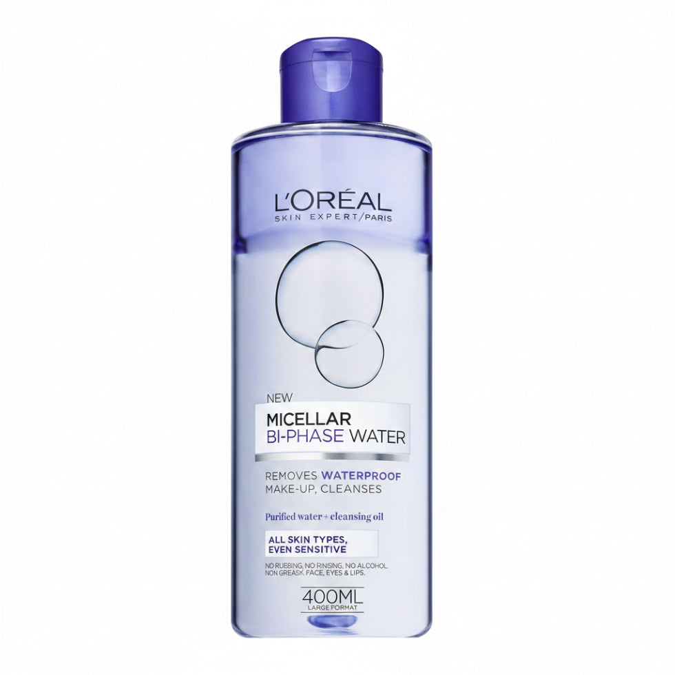 loreal paris bi phase micellar cleansing water 400ml waterproof makeup remover gentle cleansing for sensitive skin no rinse formula
