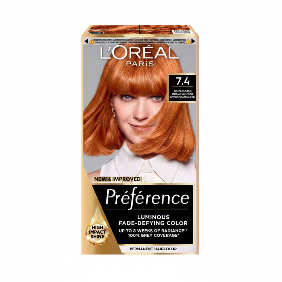loreal preference 7.4 mango copper permanent hair color for vibrant long lasting shiny copper hair with grey coverage
