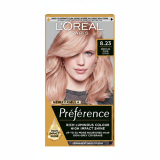 loreal preference 8.23 santorini rose gold blonde permanent hair color with anti brass mask shiny long lasting grey coverage
