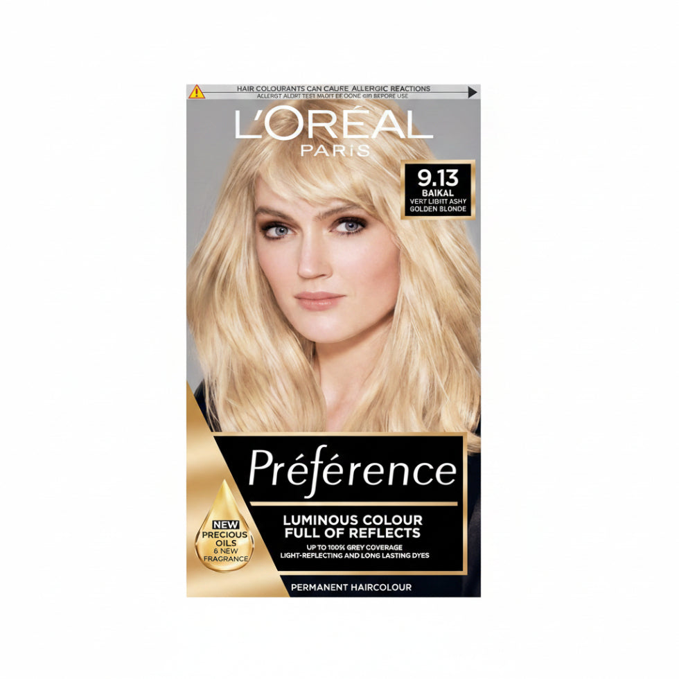 loreal preference 9.13 baikal permanent hair color luminous ashy golden blonde long lasting shiny hair grey coverage