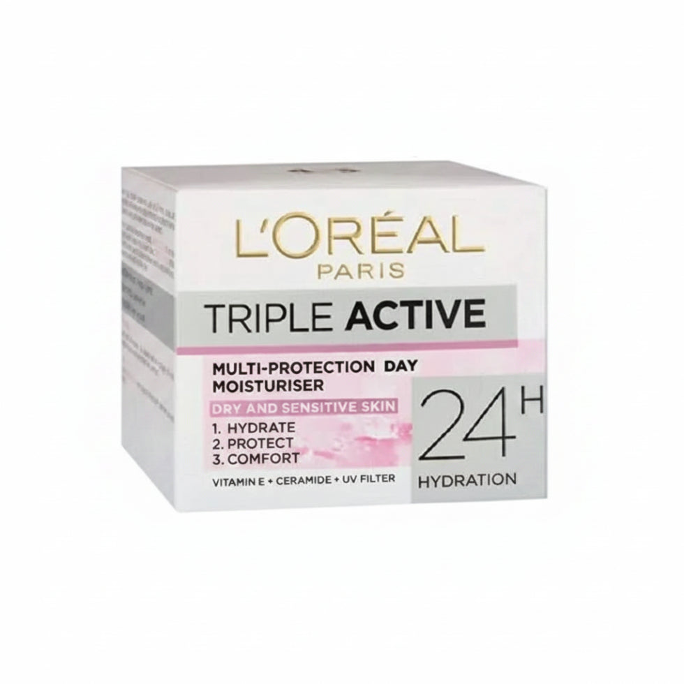 loreal triple active day moisturiser 50ml for dry sensitive skin hydration protection soft smooth healthy skin
