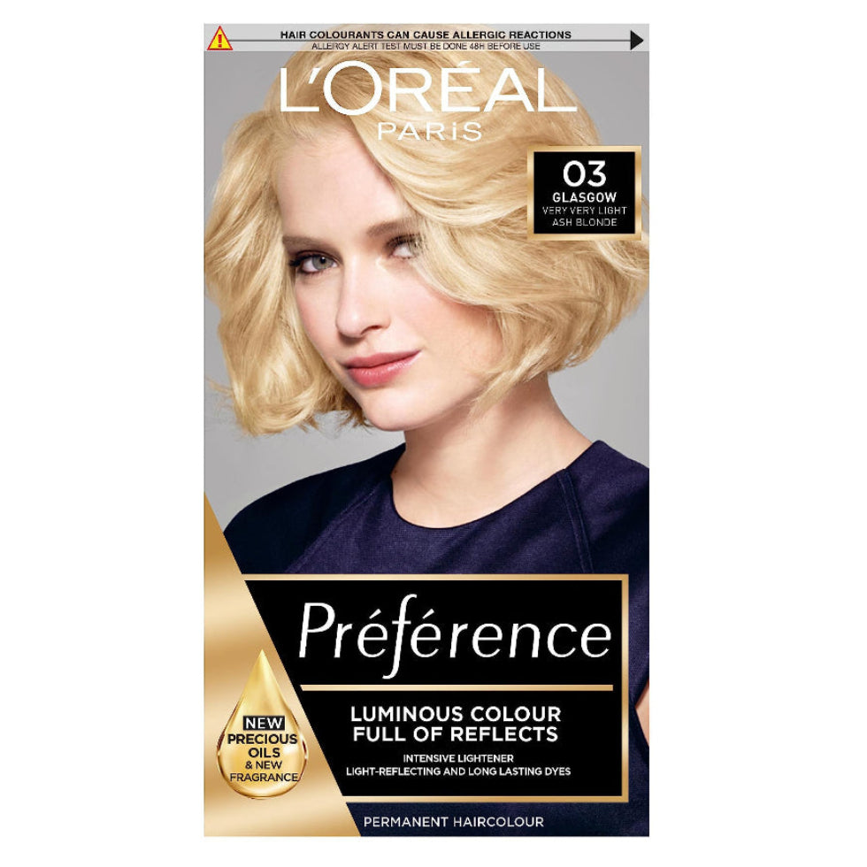 loreal paris preference 03 glasgow very very light ash blonde hair dye 200g permanent hair colour with cool blonde tones radiant shine and long lasting color results