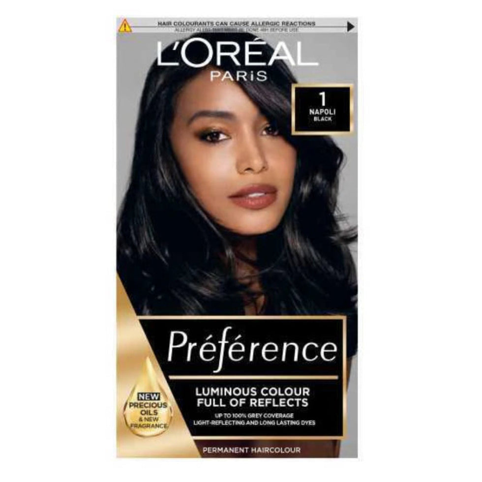 loreal paris preference 1 napoli black hair dye 200g permanent hair colour with intense black color radiant shine and excellent grey coverage