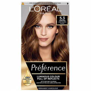 loreal paris preference 5.3 virginia light golden brown hair dye 200g permanent hair colour with warm golden brown tones radiant shine and excellent grey coverage for salon inspired results