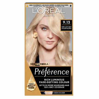 loreal paris preference 9.13 very light ashy golden blonde hair dye 200g permanent hair colour with cool golden tones radiant shine and salon inspired finish