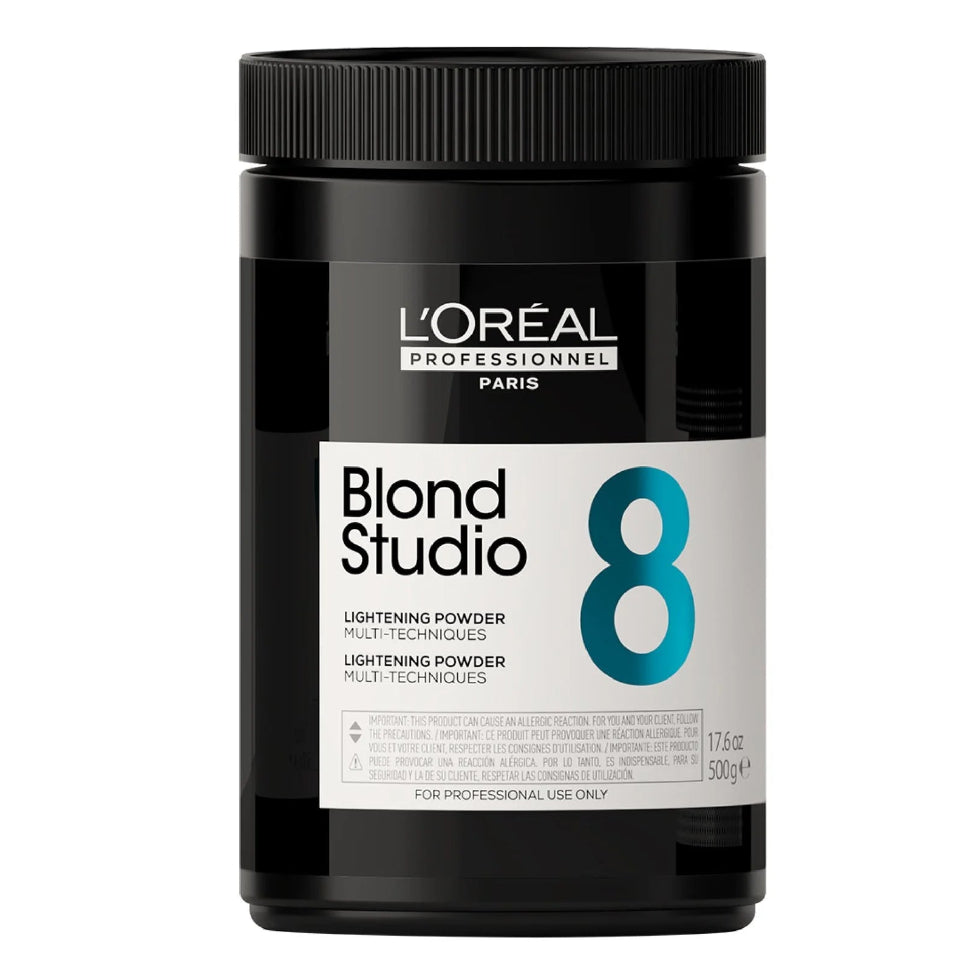 L’Oréal Professionnel Blond Studio Multi-Techniques 8 Levels Powder 500g professional lightening powder for highlights, balayage, and blonde hair transformations.