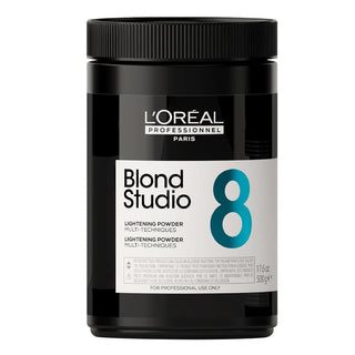L’Oréal Professionnel Blond Studio Multi-Techniques 8 Levels Powder 500g professional lightening powder for highlights, balayage, and blonde hair transformations.