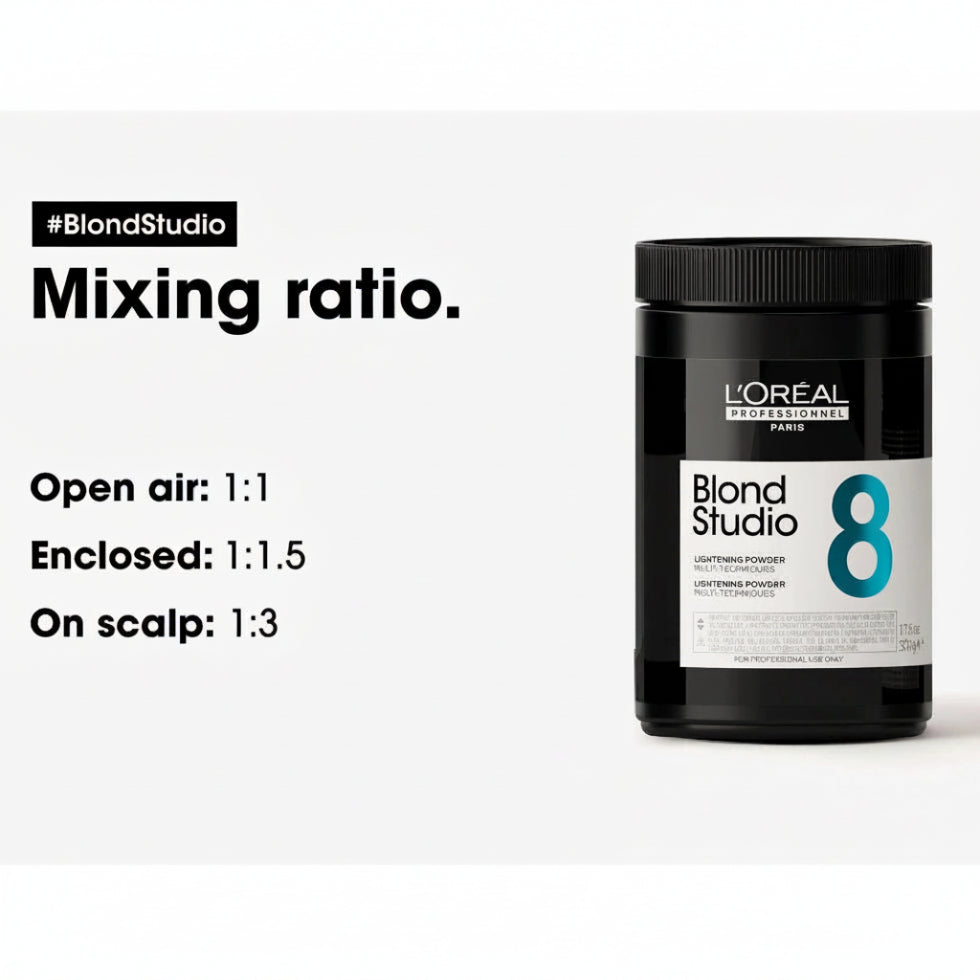 L’Oréal Professionnel Blond Studio Multi-Techniques 8 Levels Powder 500g professional lightening powder for highlights, balayage, and blonde hair transformations.